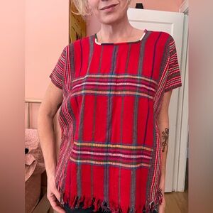 Red Striped Women's huipil top, completely hand-loomed in a village in MX. OS.